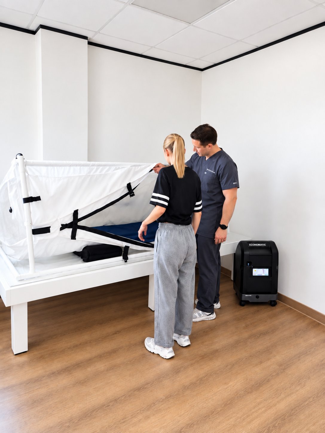 Dr. Colby Lovelace preparing a patient for a hyperbaric oxygen therapy session at Lovelace Chiropractic in Dallas, TX
