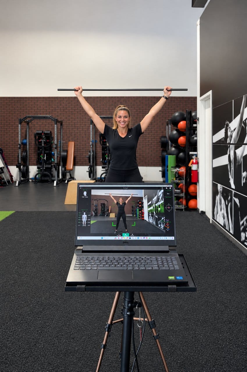 Laptop displaying Kinetisense 3D movement assessment data with a motion-capture camera and players on the field during a team screening